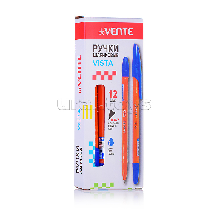 Ручка шариковая "Vista" d=0,7 мм, игольчатый пишущий узел, сине-желтый корпус с пластиковым держателем, сменный стержень, индивидуальная маркировка, синяя