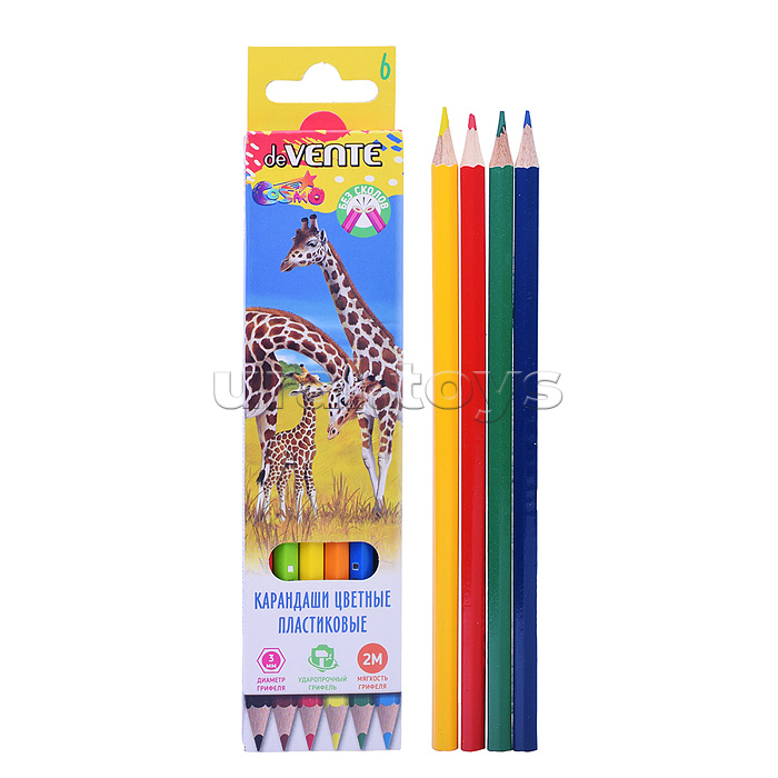 Карандаши цветные пластиковые "Животный мир" 06 цветов, 2М, диаметр грифеля 3 мм, шестигранные, пластиковый корпус, в картонной коробке