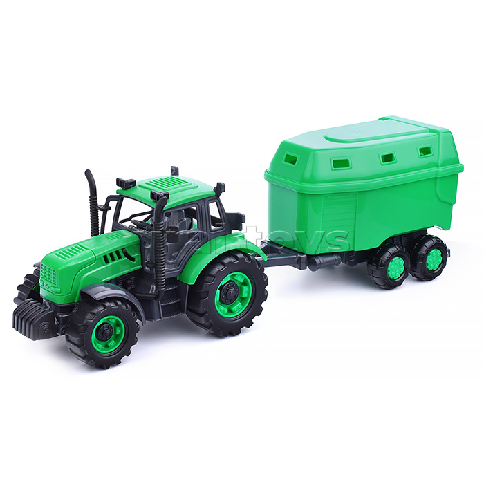 Трактор "Прогресс" с прицепом для перевозки животных инерционный (зелёный) (в коробке)