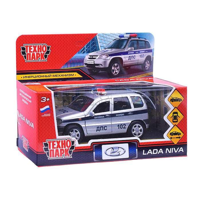 Машина металл LADA Niva Полиция 12 см, (двери, багаж, серебрист.,)инерц, в коробке