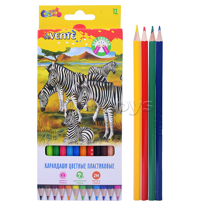 Карандаши цветные пластиковые "Животный мир" 12 цветов, 2М, диаметр грифеля 3 мм, шестигранные, пластиковый корпус, в картонной коробке