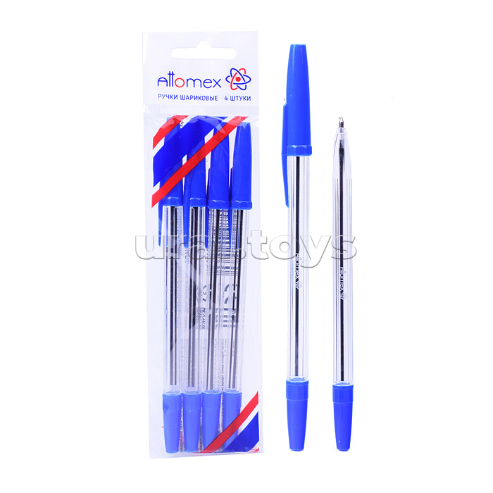 Набор ручек шариковых "Attomex" 4 шт (4 син) d=0,7 мм, прозрачный корпус, сменный стержень, в пластиковом блистере