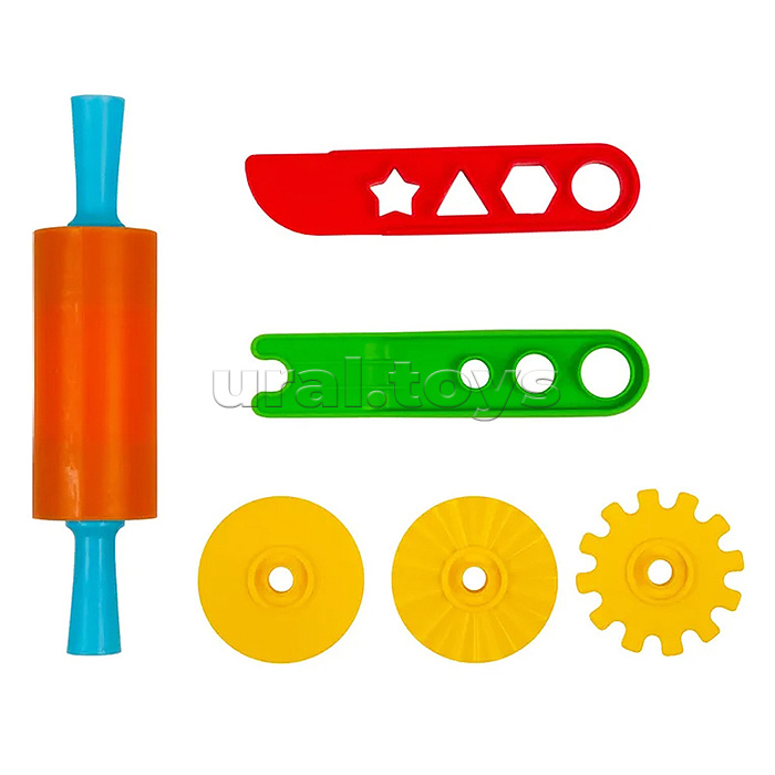 Набор инструментов для лепки и моделирования, 6 предметов (1 скалка для раскатывания пластилина + нож для моделирования с трафаретами + ручка от ножа-роллера и 3 роллера к ней)