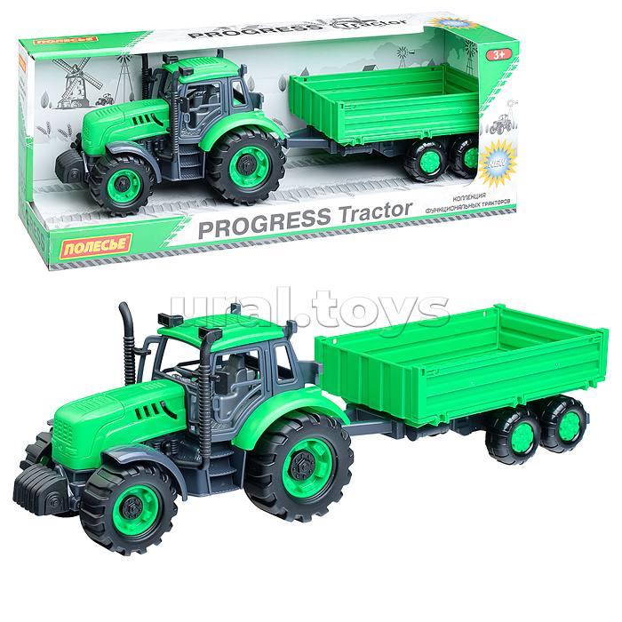 Трактор "Прогресс" с бортовым прицепом инерционный (зелёный) (в коробке)