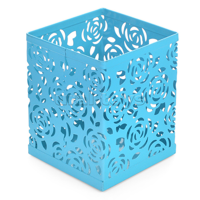 Подставка для пишущих принадлежностей 8x8x9,8 см, квадратный, ажурный сетчатая металлическая, голубой
