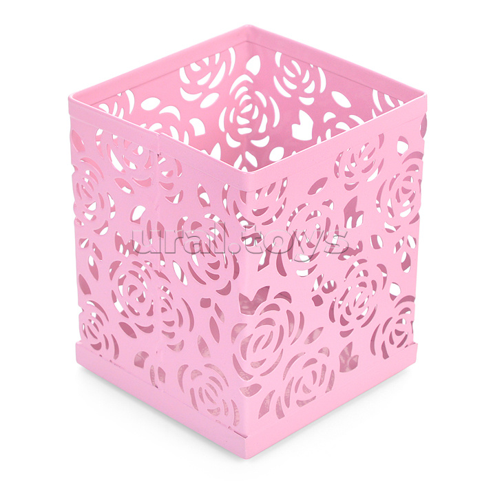 Подставка для пишущих принадлежностей 8x8x9,8 см, квадратный, ажурный сетчатая металлическая, розовый